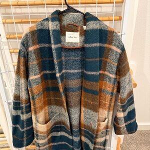 Wilfred Teal, Brown & Cream Plaid Open-Front Coatigan 75% of wool